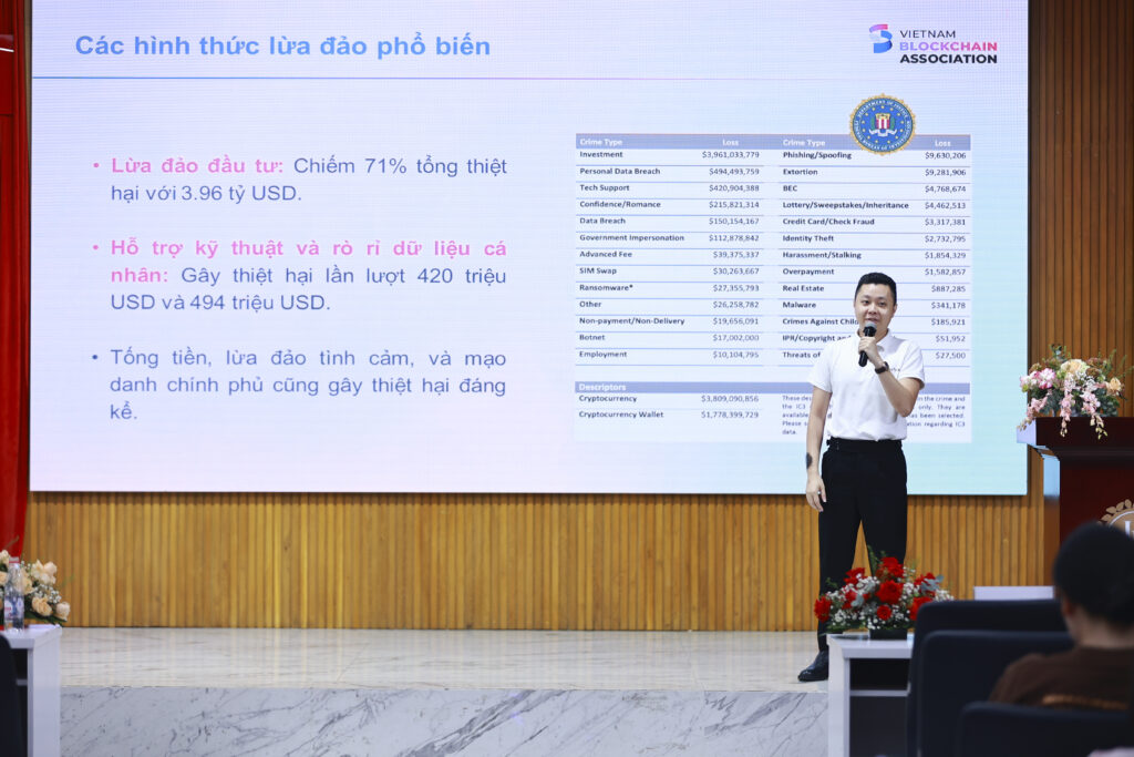 Ông Trần Huyền Dinh, Chủ nhiệm Ủy ban Ứng dụng Fintech Hiệp hội Blockchain Việt Nam, trình bày về các hình thức lừa đảo tài sản mã hóa phổ biến